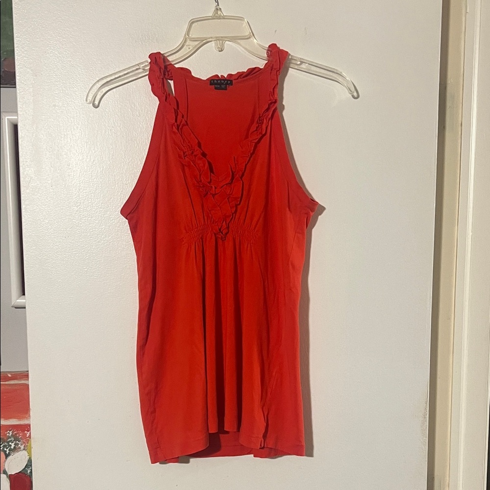 Theory red sleeveless top. Ruffle detail. Back elastic waist
